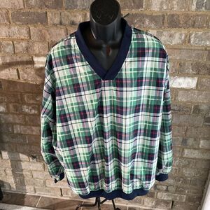 Vintage IZOD Green‎ Blue Plaid Men's Pullover Windbreaker Jacket Size XL